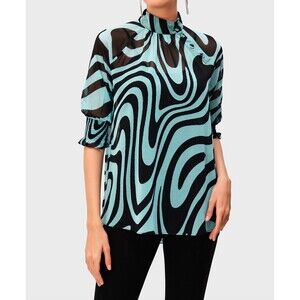 ESHAKTI Wayward Fancies Size XL Animal Print High Neck Sheer Blouse Blue Black